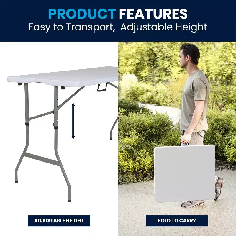 Flash Furniture Kathryn 5-Foot Height Adjustable Bi-Fold Granite White Plastic Banquet and Event Folding Table with Carrying Handle