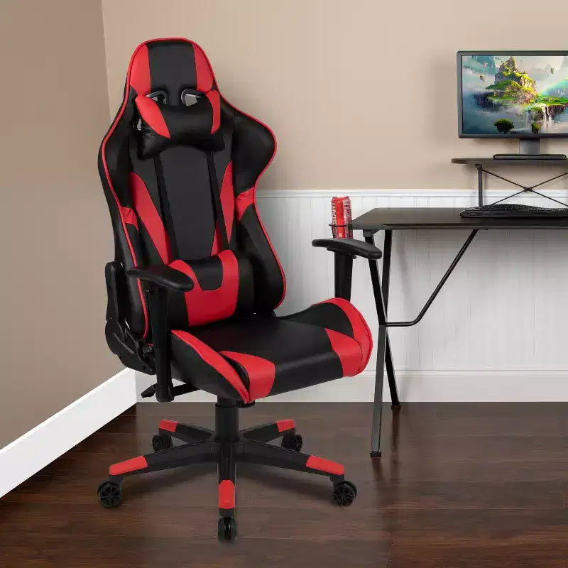 Sedia da gaming ergonomica da corsa Emma e Oliver con schienale completamente reclinabile in similpelle rossa