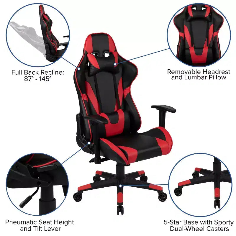 Sedia da gaming ergonomica da corsa Emma e Oliver con schienale completamente reclinabile in similpelle rossa