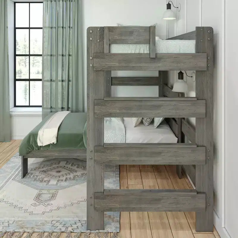 Max & Lily Solid Wood Modern Farmhouse Bunk Bed, L-Shaped Twin over Twin Bed Frame For Kids