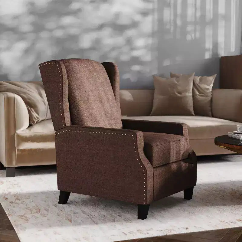 Emma and Oliver Fabric Upholstered Easy Push Back Recliner - Classic Wingback Design with Nailhead Accent Trim and Footrest