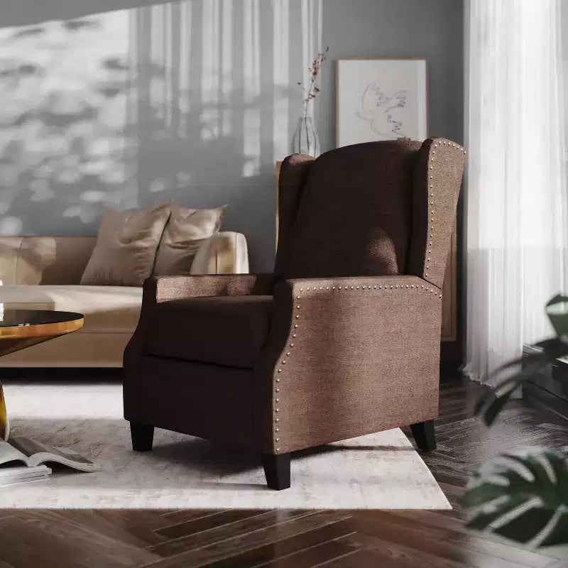 Emma and Oliver Fabric Upholstered Easy Push Back Recliner - Classic Wingback Design with Nailhead Accent Trim and Footrest