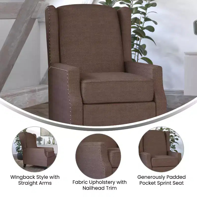 Emma and Oliver Fabric Upholstered Easy Push Back Recliner - Classic Wingback Design with Nailhead Accent Trim and Footrest