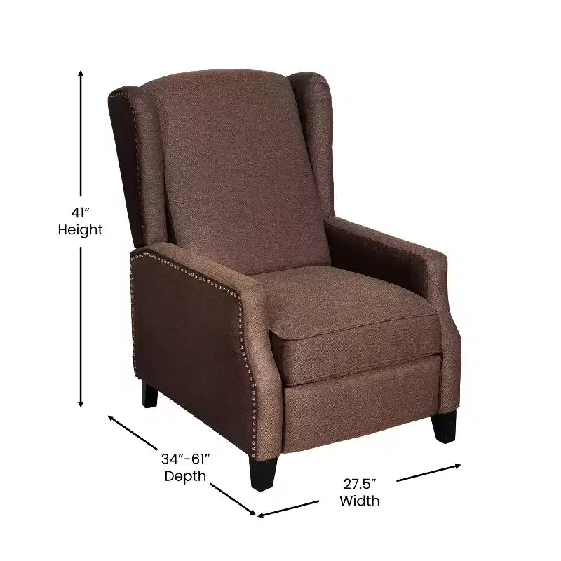 Emma and Oliver Fabric Upholstered Easy Push Back Recliner - Classic Wingback Design with Nailhead Accent Trim and Footrest