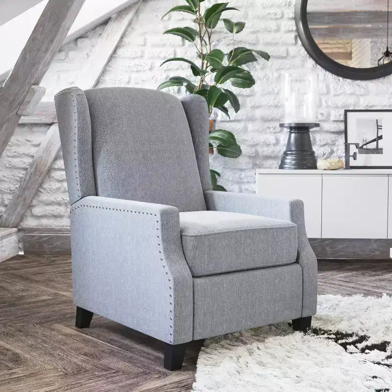 Emma and Oliver Fabric Upholstered Easy Push Back Recliner - Classic Wingback Design with Nailhead Accent Trim and Footrest
