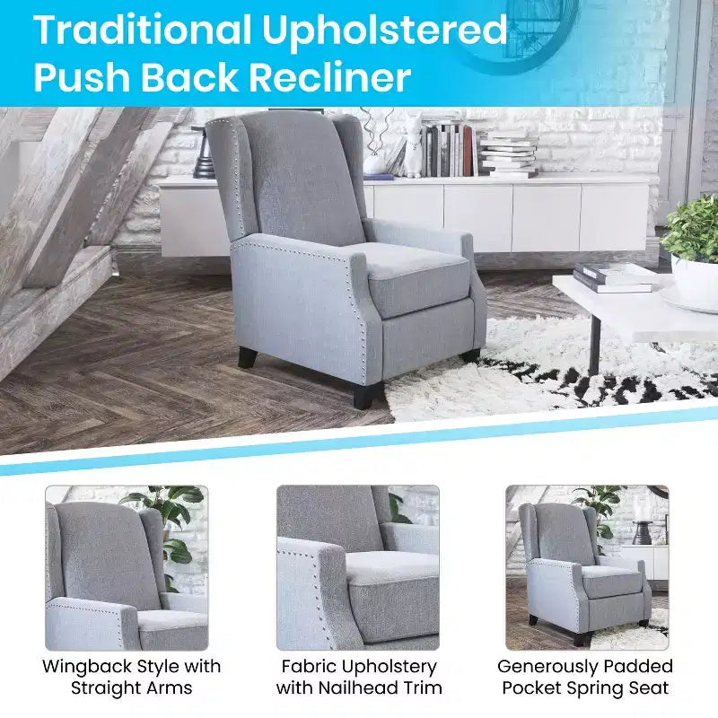 Emma and Oliver Fabric Upholstered Easy Push Back Recliner - Classic Wingback Design with Nailhead Accent Trim and Footrest