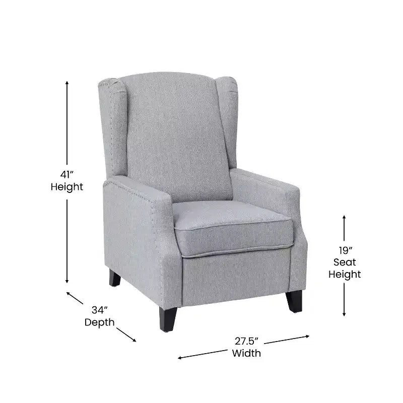 Emma and Oliver Fabric Upholstered Easy Push Back Recliner - Classic Wingback Design with Nailhead Accent Trim and Footrest