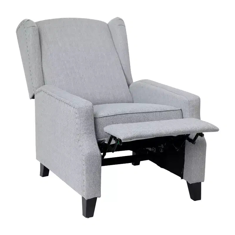 Emma and Oliver Fabric Upholstered Easy Push Back Recliner - Classic Wingback Design with Nailhead Accent Trim and Footrest