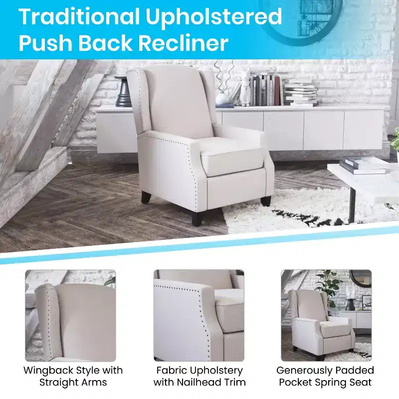 Emma and Oliver Fabric Upholstered Easy Push Back Recliner - Classic Wingback Design with Nailhead Accent Trim and Footrest