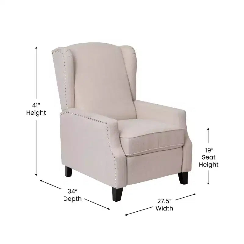 Emma and Oliver Fabric Upholstered Easy Push Back Recliner - Classic Wingback Design with Nailhead Accent Trim and Footrest