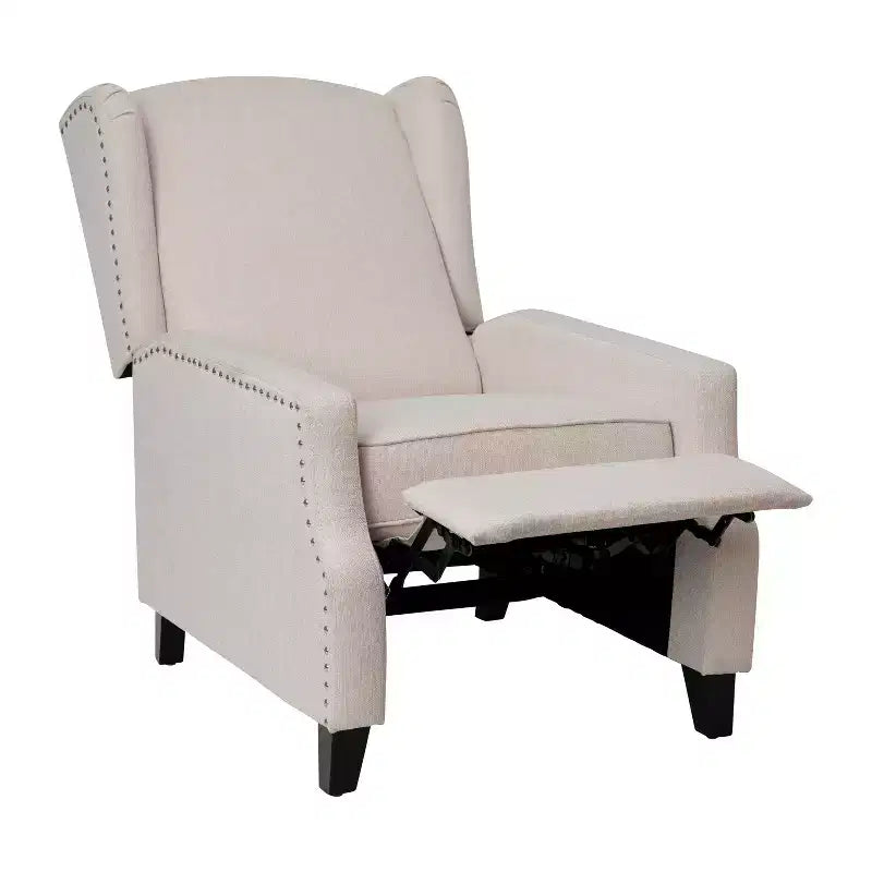 Emma and Oliver Fabric Upholstered Easy Push Back Recliner - Classic Wingback Design with Nailhead Accent Trim and Footrest