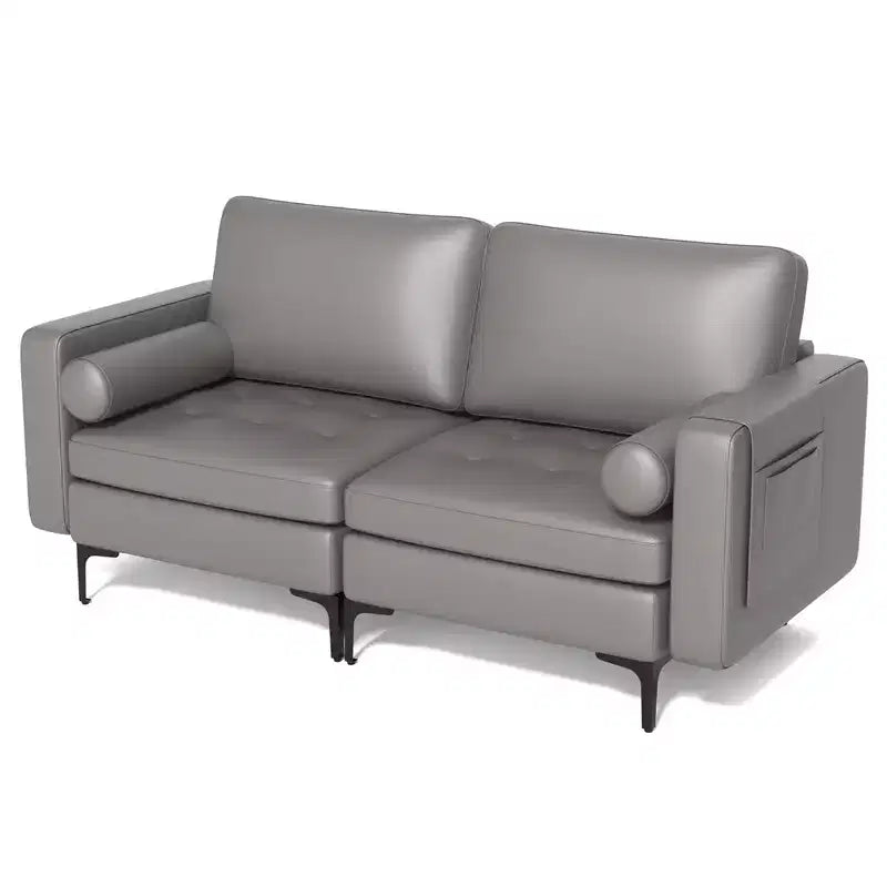 Costway Modern Loveseat 2-Seat Sofa Couch with 2 Bolsters Side Storage Pocket Grey/Red