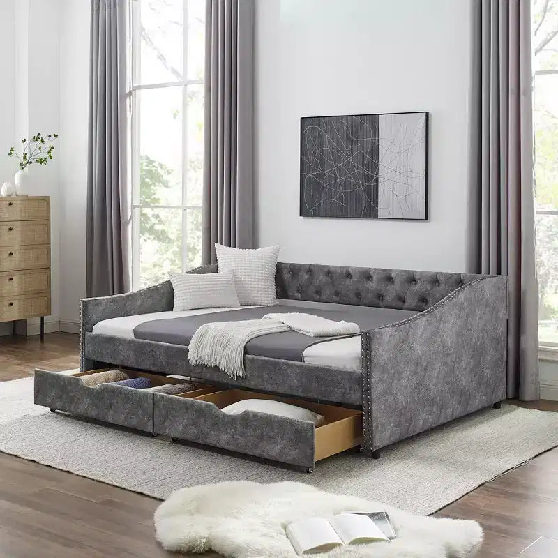 Full Size Upholstered Button Tufted Sofa Bed with Drawers and Waved Shape Arm, Gray - ModernLuxe