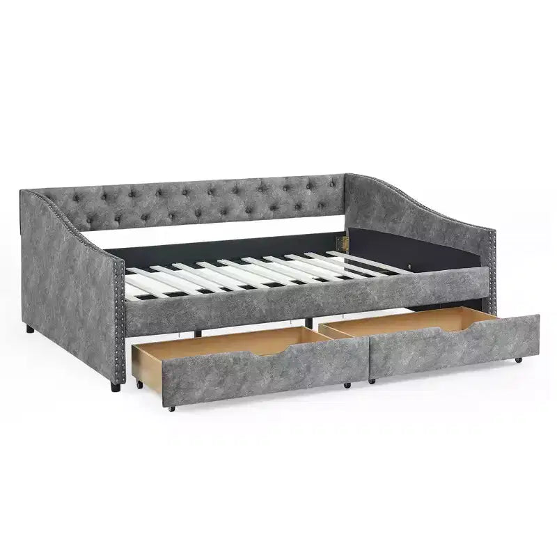 Full Size Upholstered Button Tufted Sofa Bed with Drawers and Waved Shape Arm, Gray - ModernLuxe