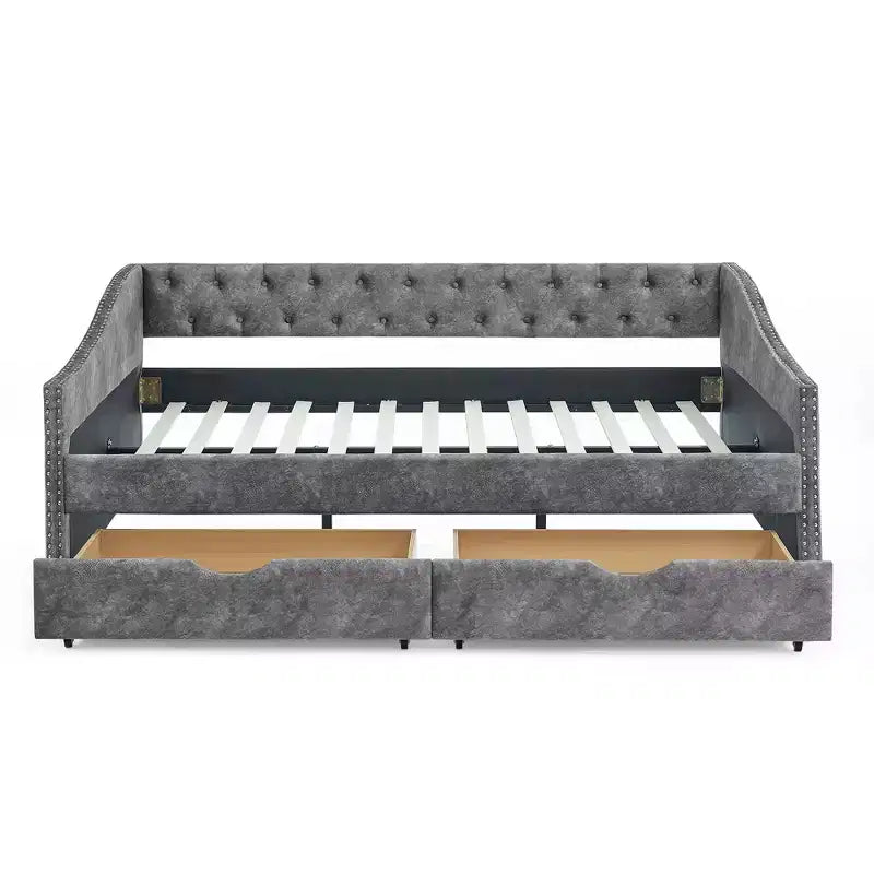 Full Size Upholstered Button Tufted Sofa Bed with Drawers and Waved Shape Arm, Gray - ModernLuxe
