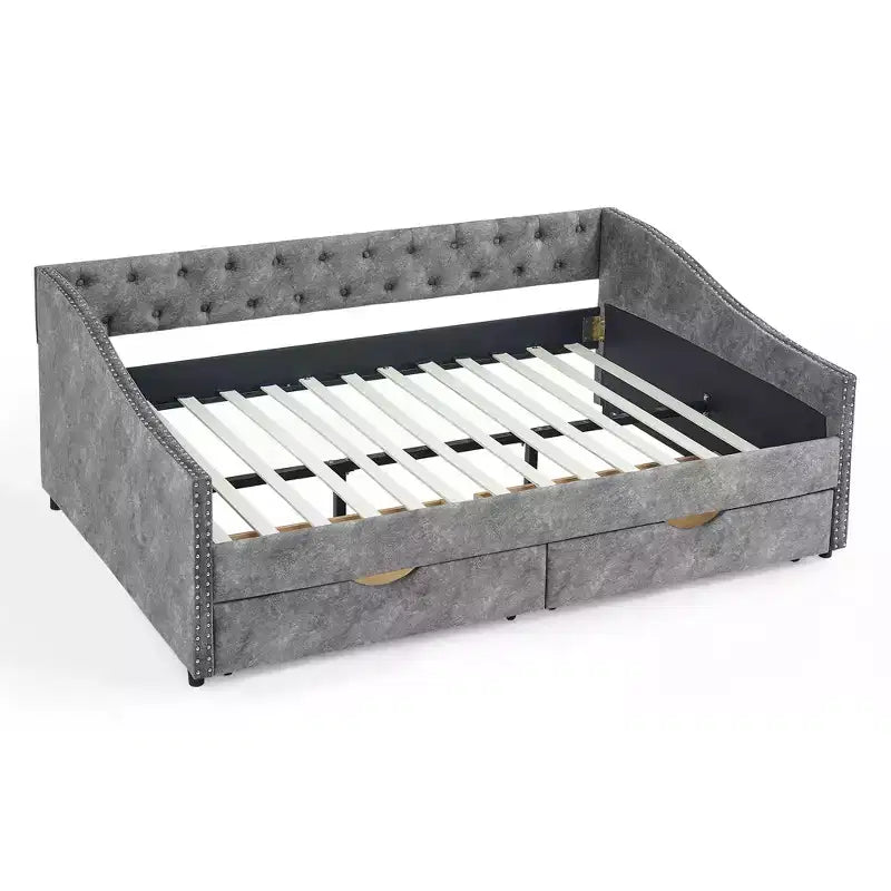 Full Size Upholstered Button Tufted Sofa Bed with Drawers and Waved Shape Arm, Gray - ModernLuxe