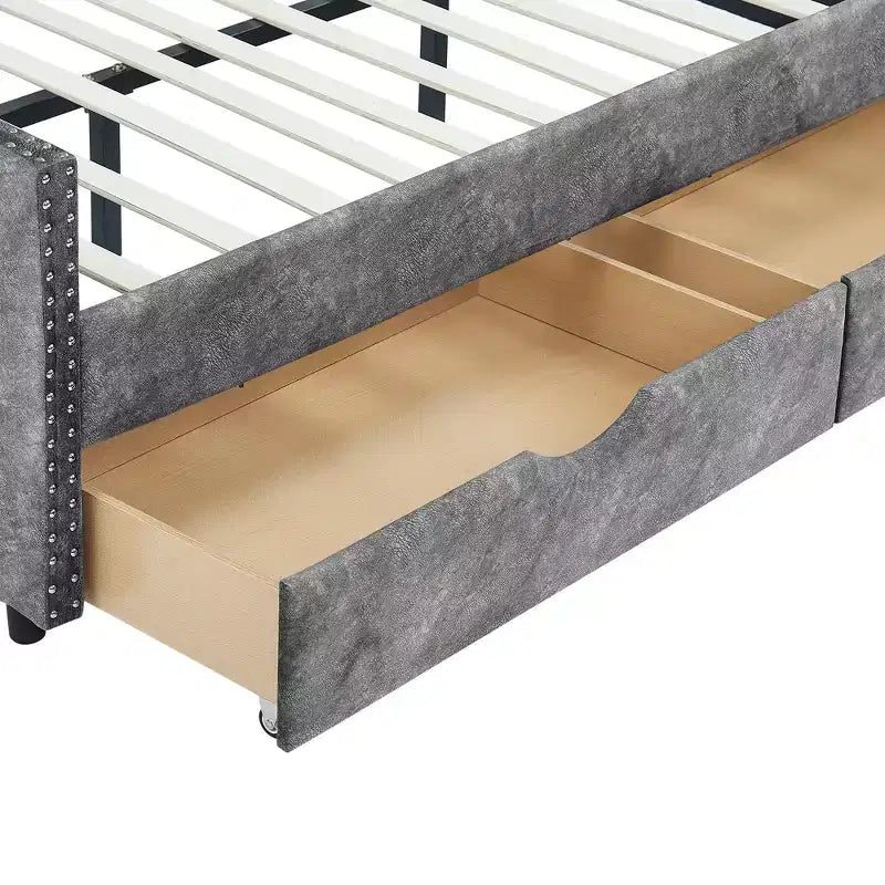 Full Size Upholstered Button Tufted Sofa Bed with Drawers and Waved Shape Arm, Gray - ModernLuxe