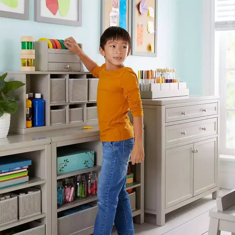 Martha Stewart Crafting Kids' Double Open Storage: Children's Wooden Arts and Crafts Supply Organizer with Fabric Bin Storage