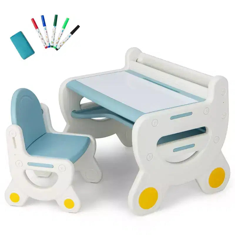 Costway Kids Drawing Table & Chair Set for Reading Playing with Pens & Blackboard Eraser Blue/Brown