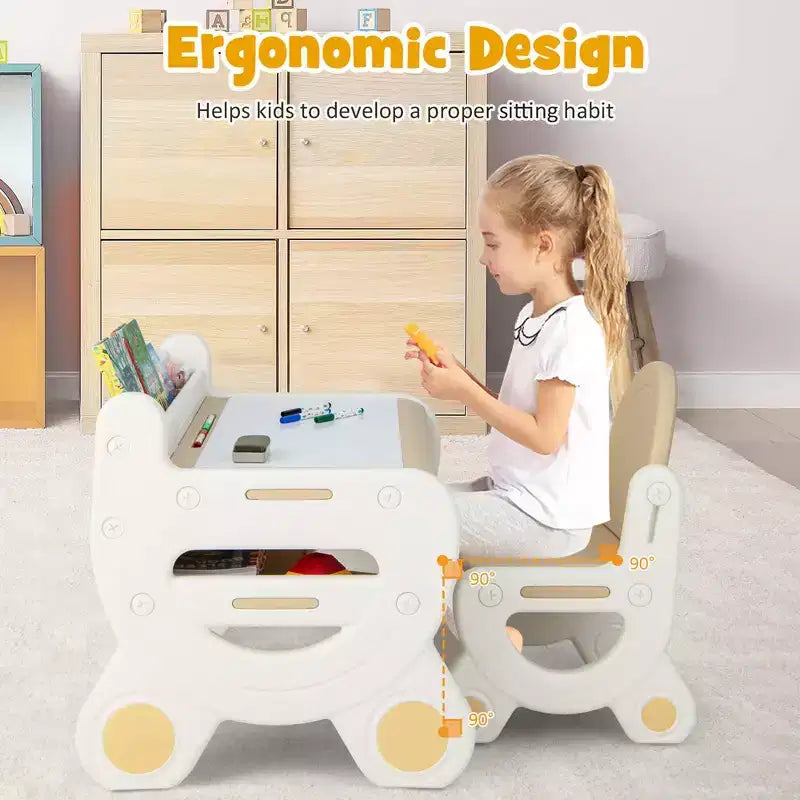 Costway Kids Drawing Table & Chair Set for Reading Playing with Pens & Blackboard Eraser Blue/Brown