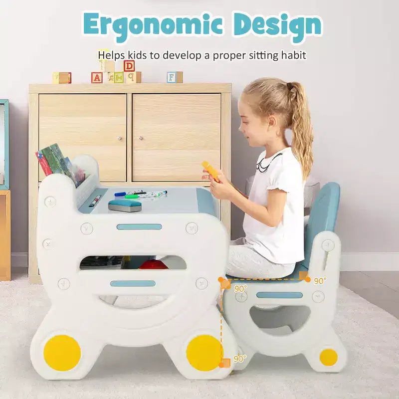 Costway Kids Drawing Table & Chair Set for Reading Playing with Pens & Blackboard Eraser Blue/Brown