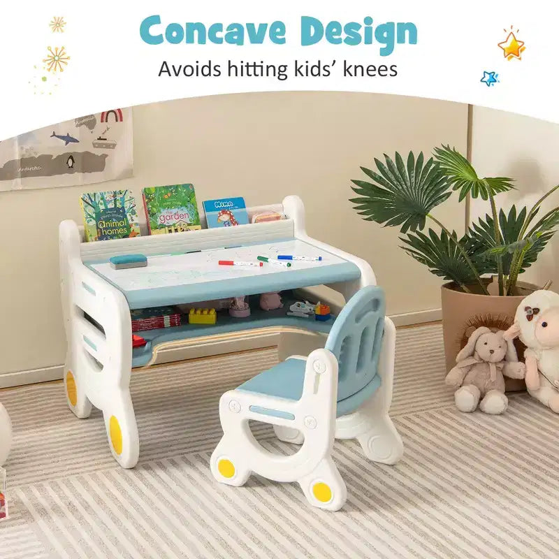 Costway Kids Drawing Table & Chair Set for Reading Playing with Pens & Blackboard Eraser Blue/Brown