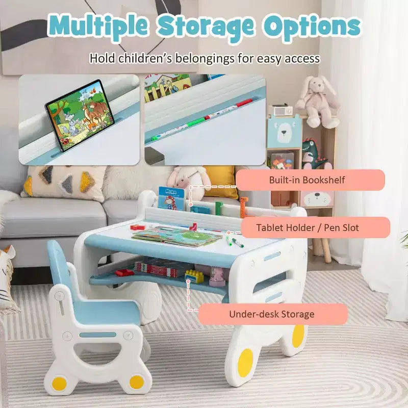 Costway Kids Drawing Table & Chair Set for Reading Playing with Pens & Blackboard Eraser Blue/Brown