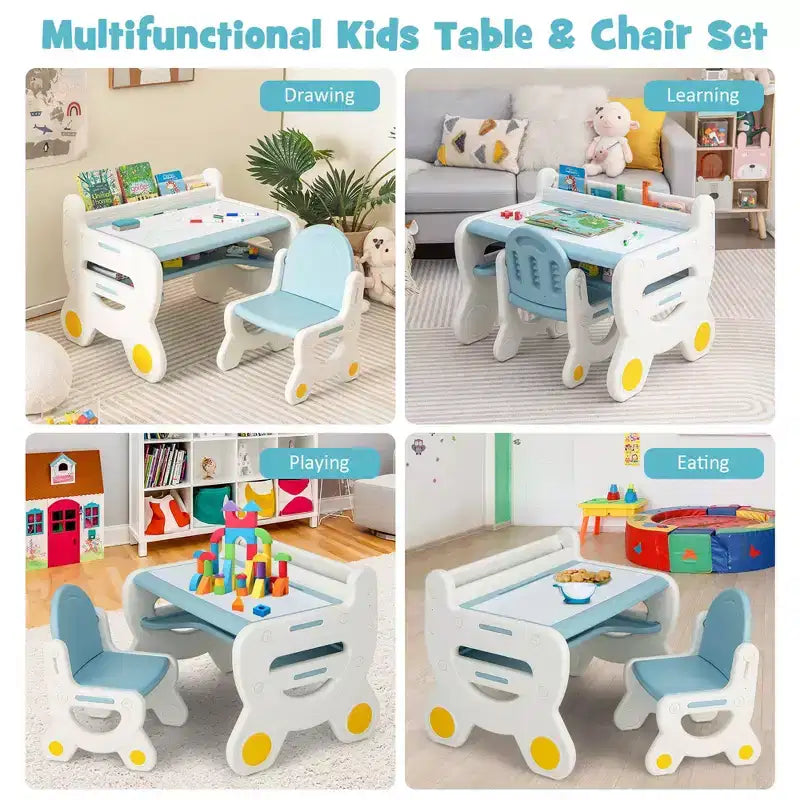 Costway Kids Drawing Table & Chair Set for Reading Playing with Pens & Blackboard Eraser Blue/Brown