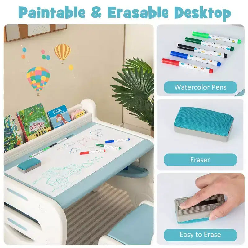 Costway Kids Drawing Table & Chair Set for Reading Playing with Pens & Blackboard Eraser Blue/Brown
