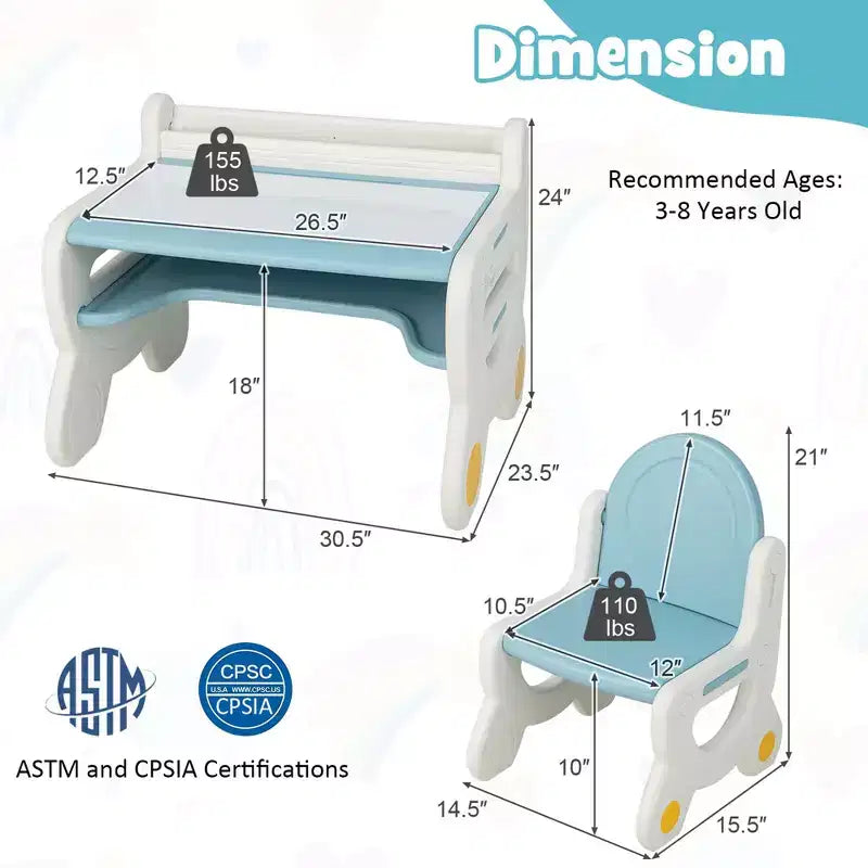 Costway Kids Drawing Table & Chair Set for Reading Playing with Pens & Blackboard Eraser Blue/Brown
