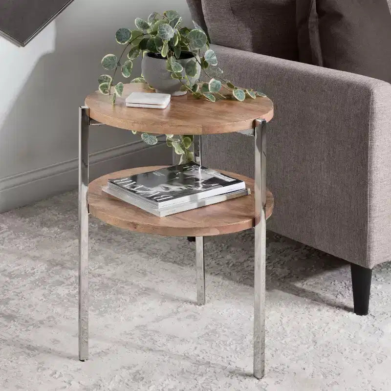 Kate and Laurel Lamaar Round Wood Side Table, 19x19x25, Natural and Silver