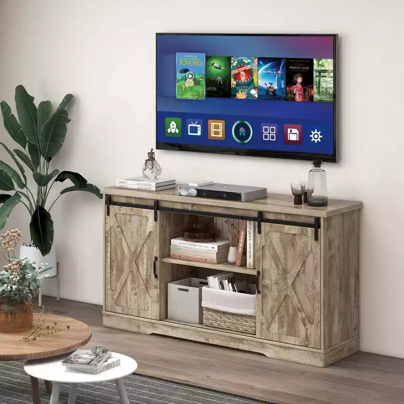 Costway TV Stand Farmhouse Cabinet Sliding Barn Door Adjustable Shelves for TV up to 65''