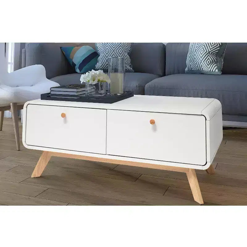 Ren Home Leva Scandinavian 2 Drawer Curved Entertainment Console, White
