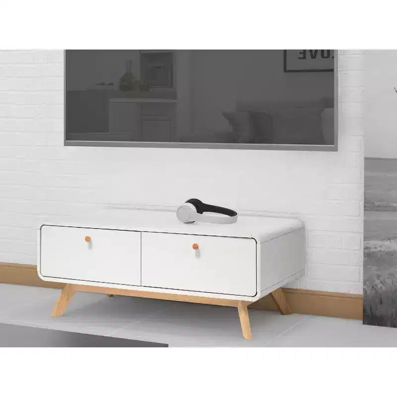 Ren Home Leva Scandinavian 2 Drawer Curved Entertainment Console, White