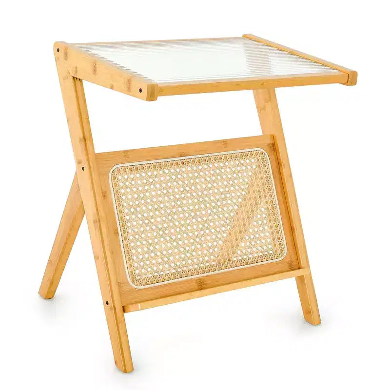 Costway Rattan Side Table Bamboo Accent Bedside Table with Tempered Glass Top Walnut/Natural