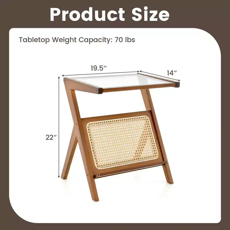 Costway Rattan Side Table Bamboo Accent Bedside Table with Tempered Glass Top Walnut/Natural