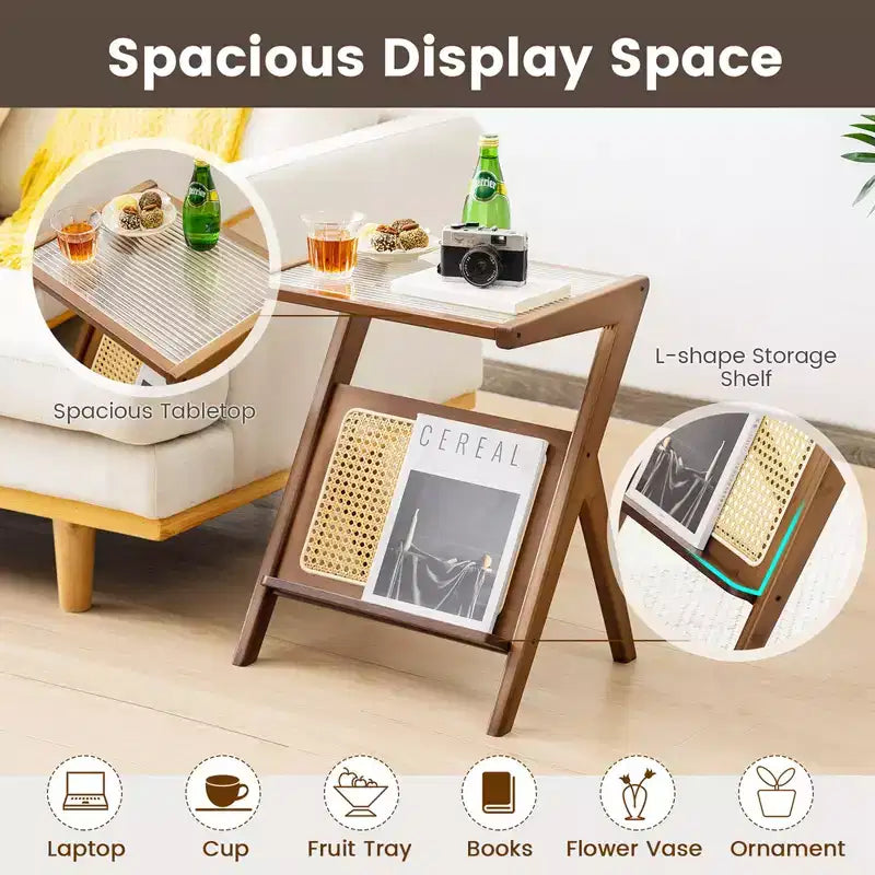 Costway Rattan Side Table Bamboo Accent Bedside Table with Tempered Glass Top Walnut/Natural