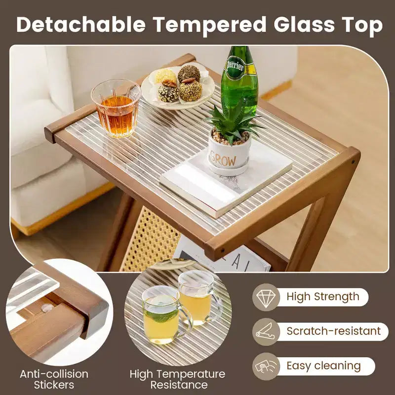 Costway Rattan Side Table Bamboo Accent Bedside Table with Tempered Glass Top Walnut/Natural
