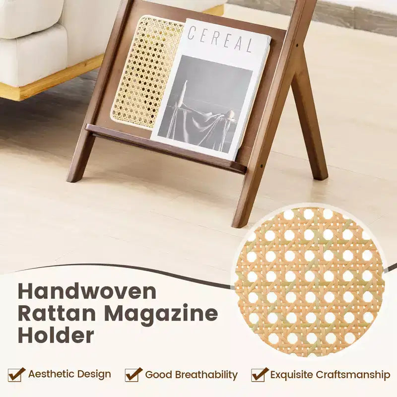 Costway Rattan Side Table Bamboo Accent Bedside Table with Tempered Glass Top Walnut/Natural