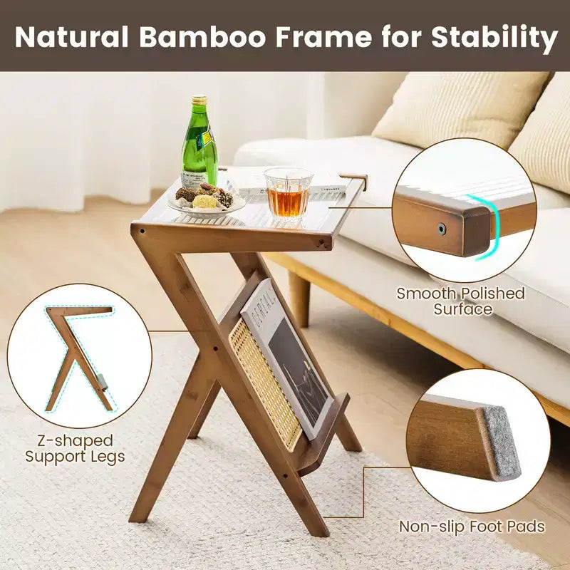 Costway Rattan Side Table Bamboo Accent Bedside Table with Tempered Glass Top Walnut/Natural