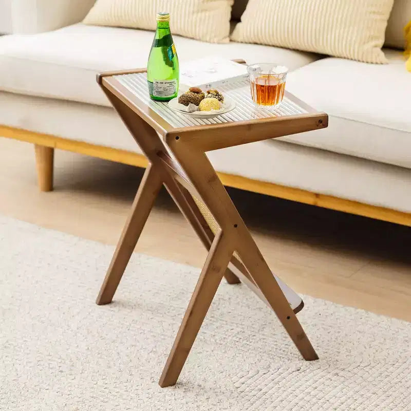 Costway Rattan Side Table Bamboo Accent Bedside Table with Tempered Glass Top Walnut/Natural