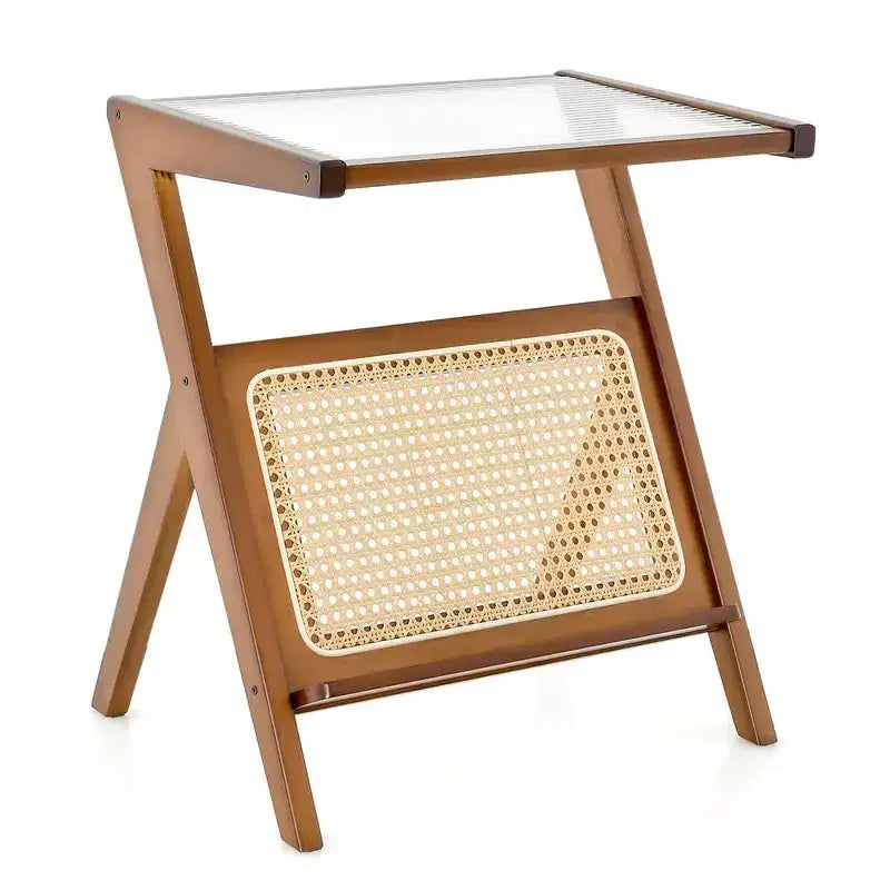 Costway Rattan Side Table Bamboo Accent Bedside Table with Tempered Glass Top Walnut/Natural