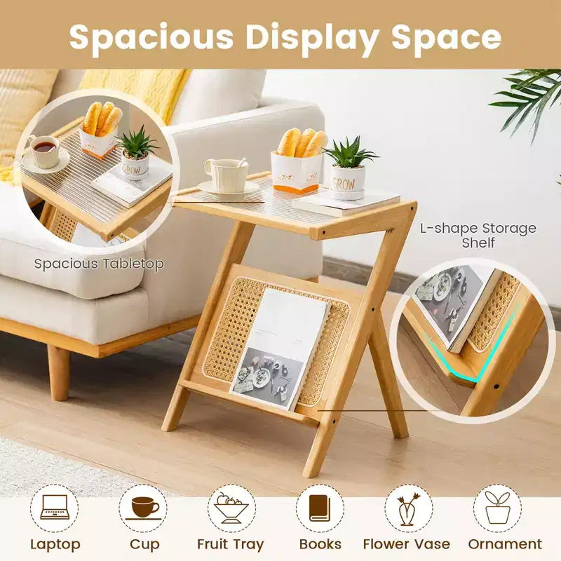 Costway Rattan Side Table Bamboo Accent Bedside Table with Tempered Glass Top Walnut/Natural