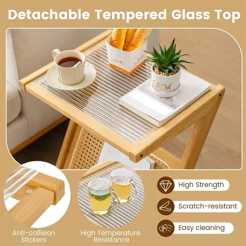 Costway Rattan Side Table Bamboo Accent Bedside Table with Tempered Glass Top Walnut/Natural