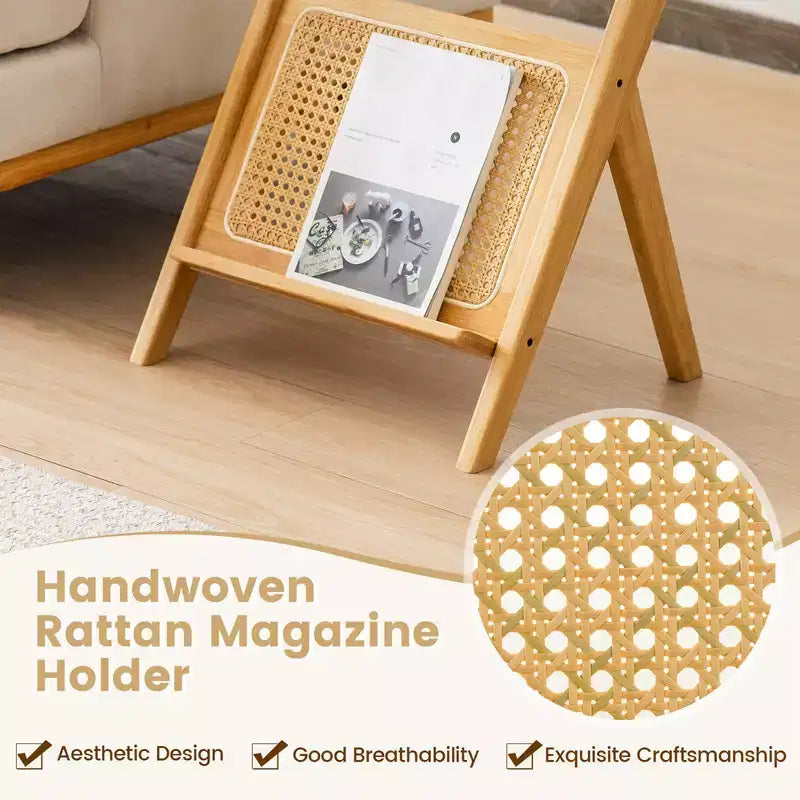 Costway Rattan Side Table Bamboo Accent Bedside Table with Tempered Glass Top Walnut/Natural