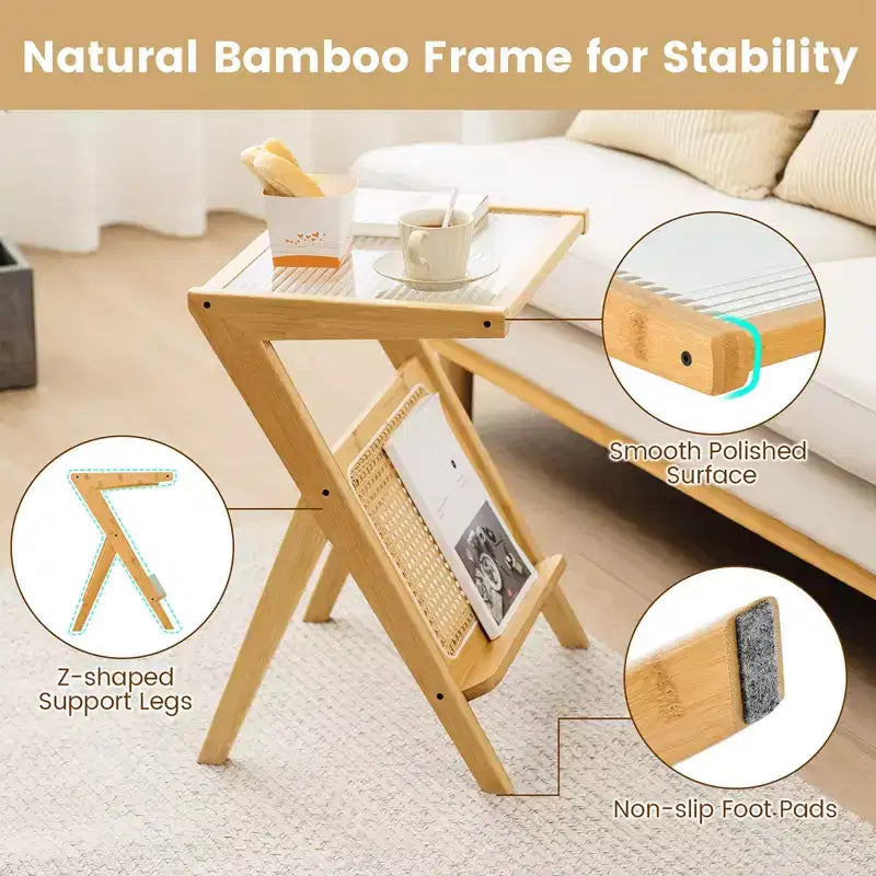 Costway Rattan Side Table Bamboo Accent Bedside Table with Tempered Glass Top Walnut/Natural