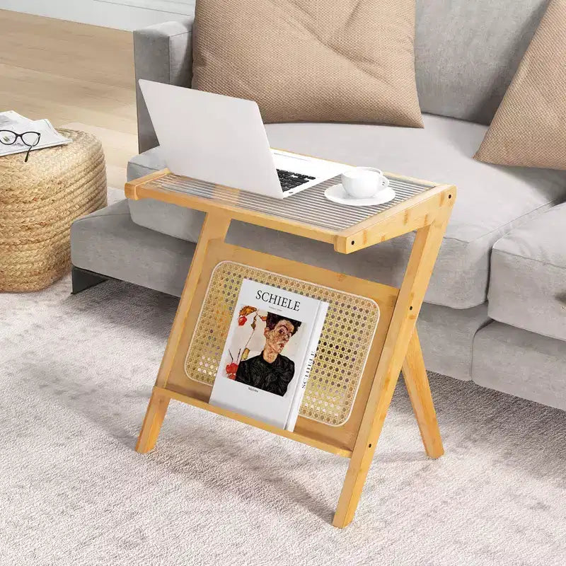 Costway Rattan Side Table Bamboo Accent Bedside Table with Tempered Glass Top Walnut/Natural