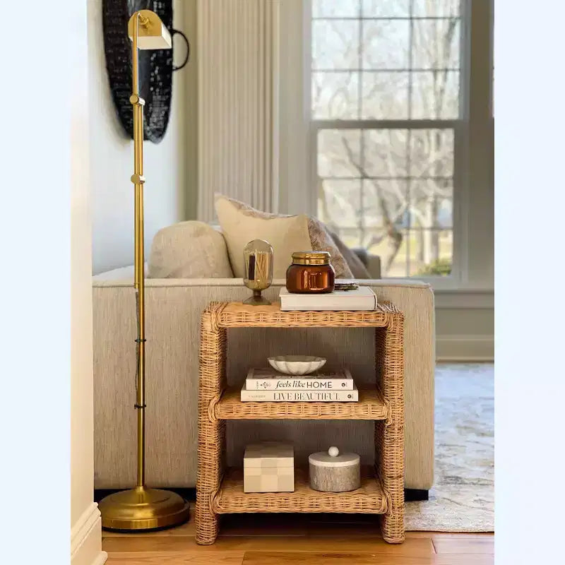 JONATHAN Y Praerie 22 Coastal Bohemian Rattan/Wood 3 Tier End Table, Natural