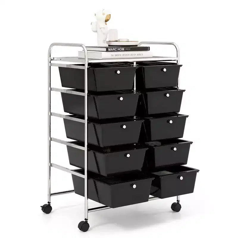 Costway 10-Drawer Storage Cart Utility Rolling Trolley Kitchen Office Organizer Black/Clear/Macaron/Grey/Black Gardient/Multicolor/Pink/RainbowithWhite/Hot Pink/Skin Pink/Purple