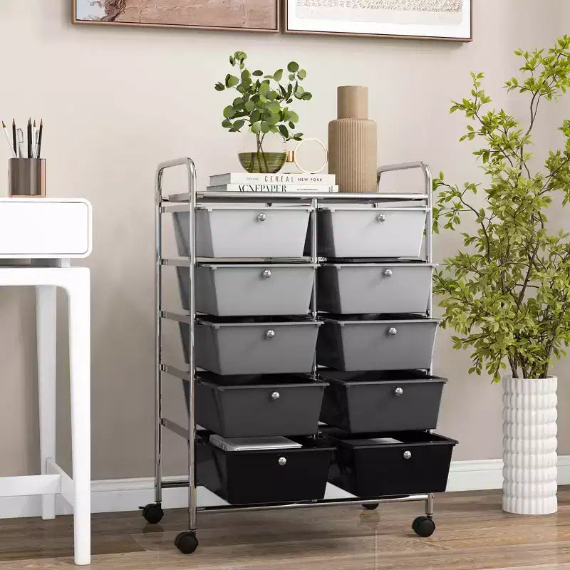 Costway 10-Drawer Storage Cart Utility Rolling Trolley Kitchen Office Organizer Black/Clear/Macaron/Grey/Black Gardient/Multicolor/Pink/RainbowithWhite/Hot Pink/Skin Pink/Purple